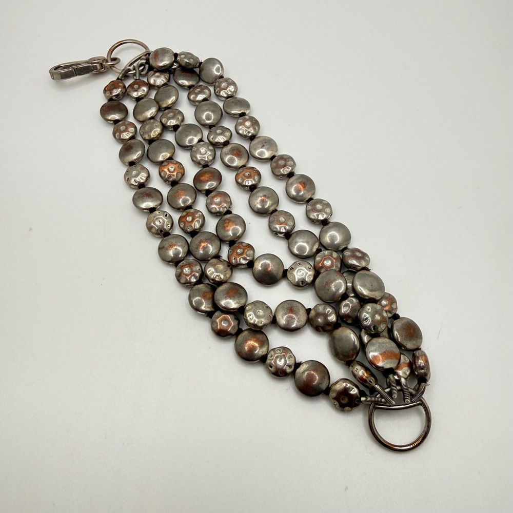 Lucky Brand Hammered Multi Strand Bead Bracelet Silver Copper Tone Boho 7.5in
